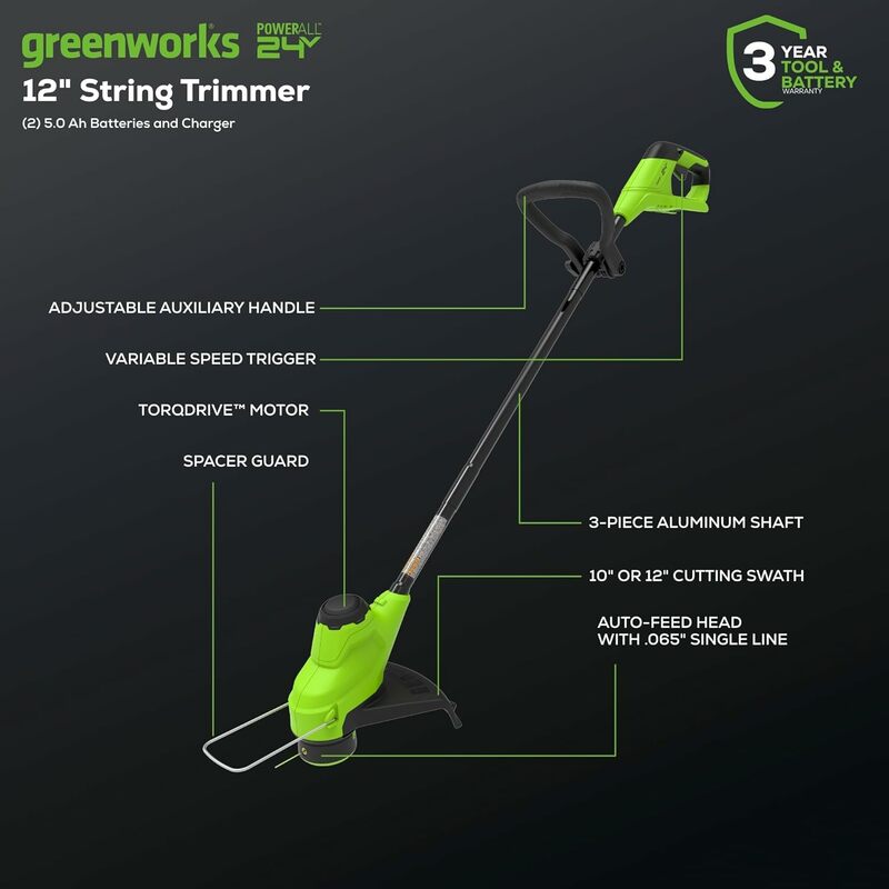 Greenworks 48 В (2x24 В) 20-дюймовая беспроводная аккумуляторная косилка, 12-дюймовый стринговый триммер и 320 куб. М комбинированный комплект с нагнетателем