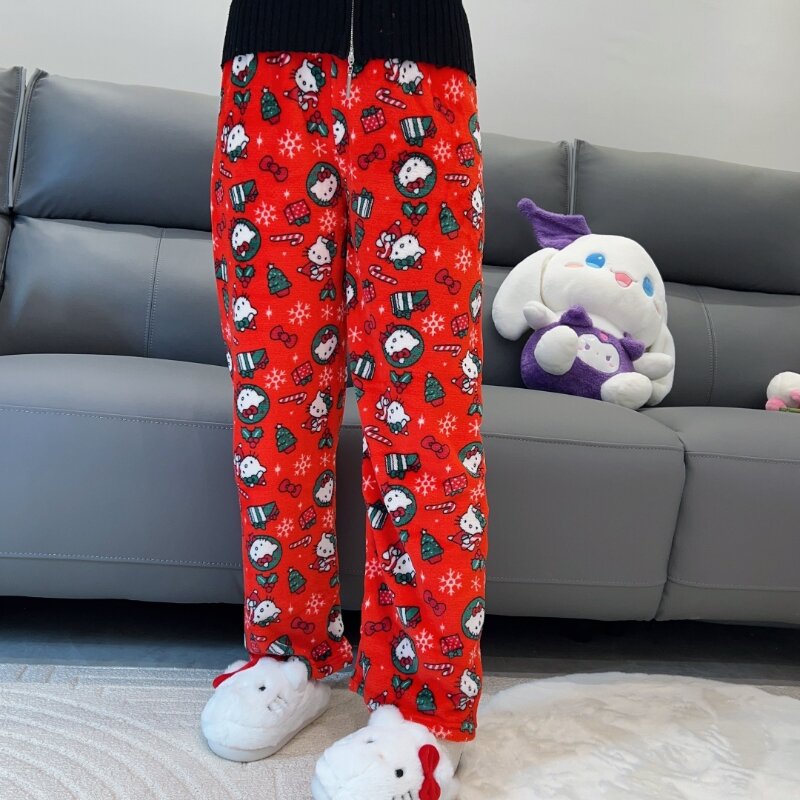 Kawaii Sanrio Hello Kitty Nữ Bộ Đồ Ngủ Quần Nữ Đen Mềm Mại Sang Trọng Làm Dày Quần Quần Áo Ấm Nữ Quần Âu Y2K