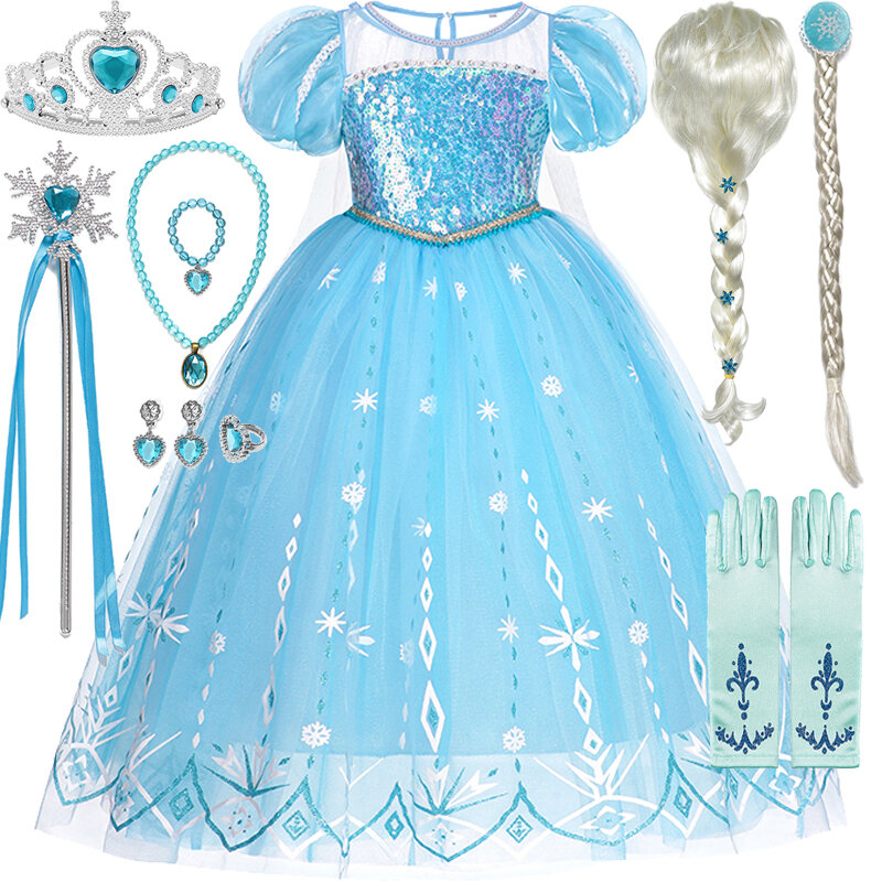 Disney-Forzen Elsa Princess Dress para crianças, traje cosplay para bebês, traje de Halloween para o Natal, presente de aniversário, 2 a 8 anos