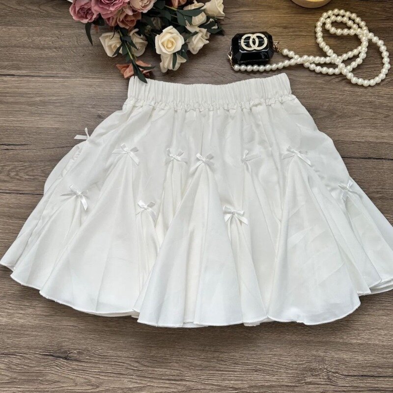 HOUZHOU Kawaii Lolita Mini Skirt Women Irregular Hem Bow Patchwork Coquette Cute A-line White Short Skirt Japanese Soft Girl