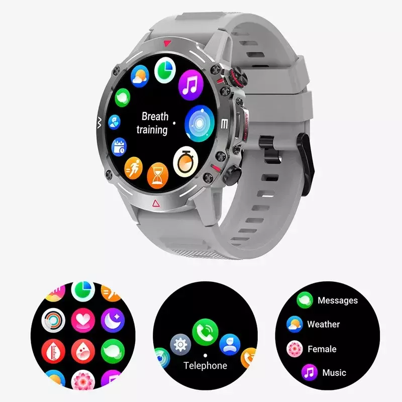 Esporte ao ar livre Smartwatch para homens, rastreador de fitness, relógio inteligente robusto, tela AMOLED, chamada Bluetooth, voz AI, 410mAh, HK87