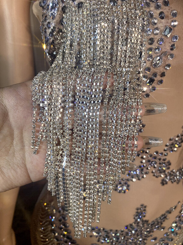 Customized New Ladies Sexy Tassels Strapless Mesh See Through Bodycon Mini Dress Diamond Chain Fashion Birthday Party Dress