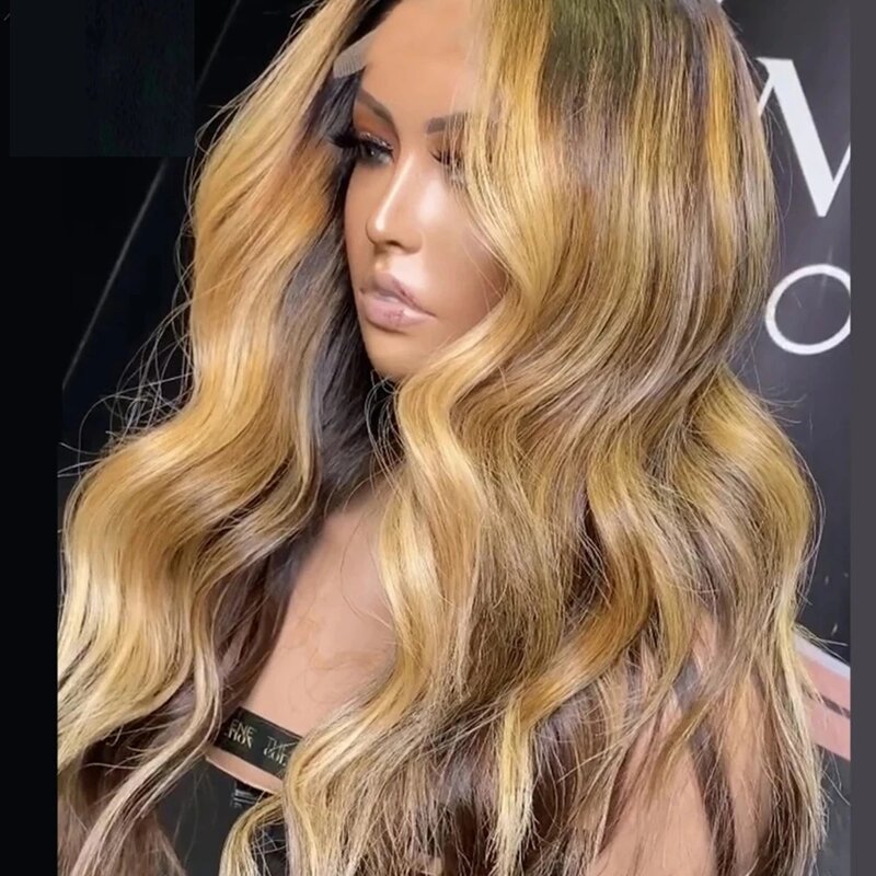 Wig Bagian V pirang emas Ombre, gelombang longgar yang belum diproses 100% rambut manusia sorot madu pirang Tengah/samping bagian atas Cosplay ujung penuh