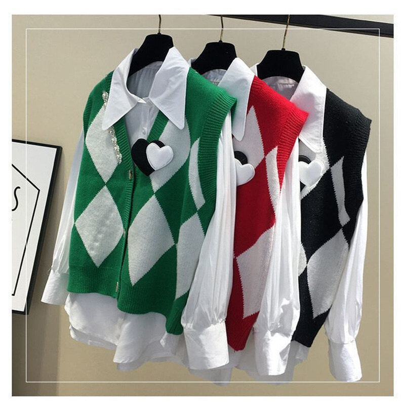 Spring Autumn Fashion Women Argyle Chic Beads V-Neck Single Breasted Y2K Street Knitted Sweater Vest Casual Waistcoat Top Female
