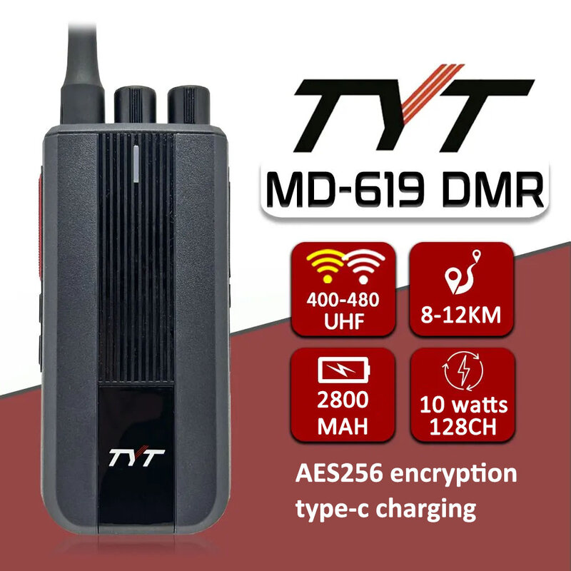 Tyt-デジタルトランシーバー、md619、aes256、MD-619、長距離、ウォーキートーキー、type-cバッテリー、ポータブルハンドヘルドラジオ、暗号化、長距離