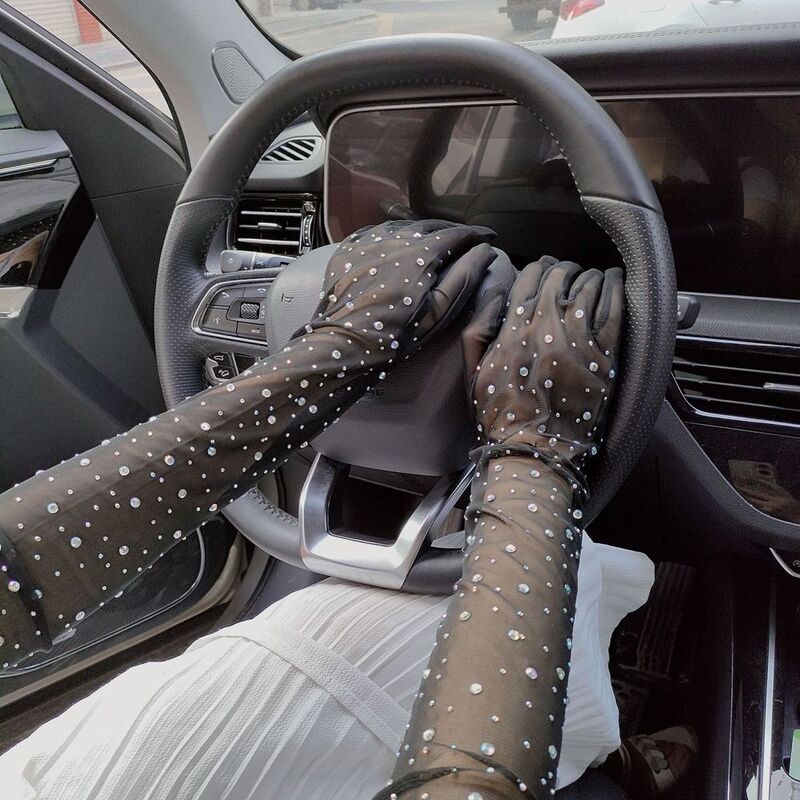 Женские длинные перчатки с прозрачными кристаллами, перчатки для защиты от солнца, женские перчатки для вождения