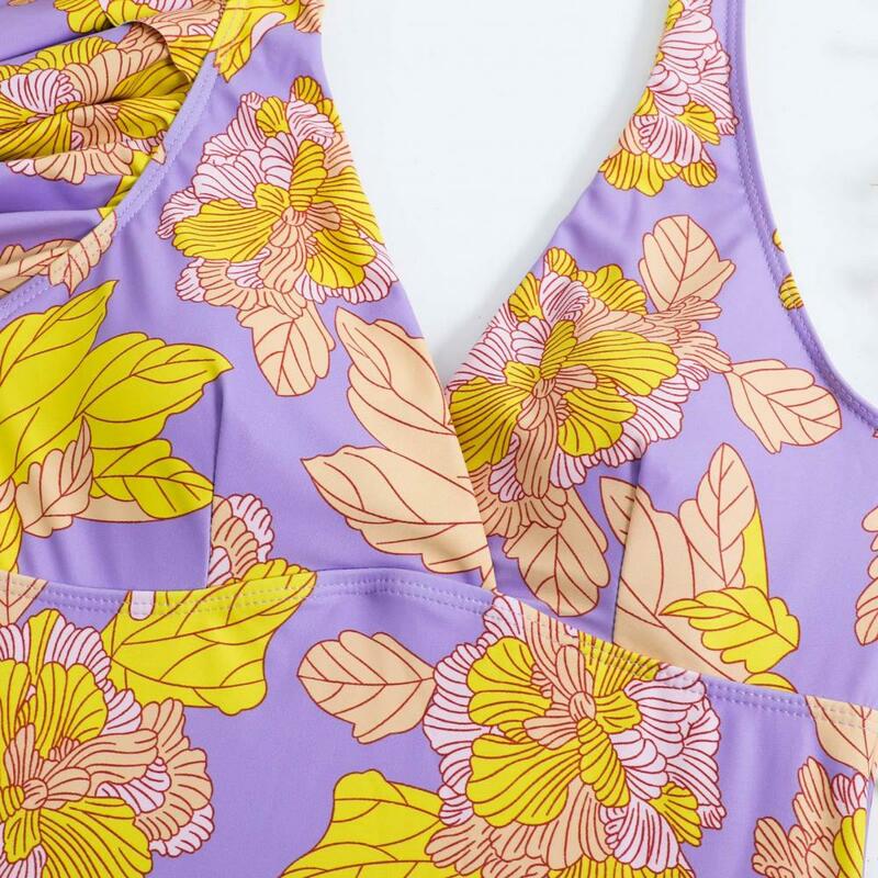 Monokini Set rok modis untuk wanita, Set baju renang satu potong motif bunga dengan rok penutup sifon leher V Monokini pantai untuk wanita