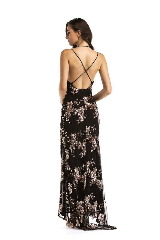 Deep V-neck Sequin Party Dresses For Women High Split Spaghetti Strap Long Gowns Women Evening Dress