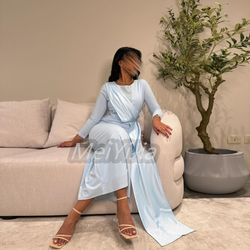 Meiyijia-Vestido de noite plissado com mangas compridas, vestidos elegantes de baile, vestidos sauditas e árabes, roupas sexy de aniversário, verão 2024