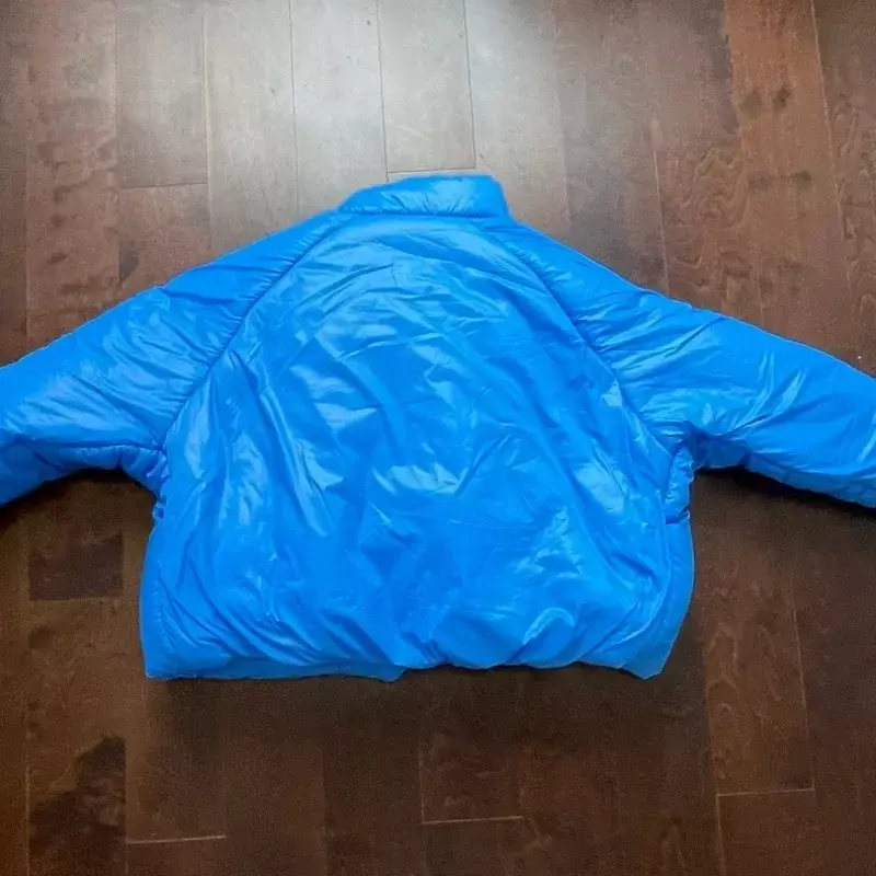 남녀공용 오버사이즈 카니예 퍼퍼 잭 파카, 단색 벨벳, 두껍고 따뜻한 YZY 다운 재킷, 블루 코트, 2024ss