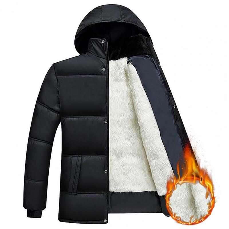 Męskie zimowy płaszcz bawełniany wyściełana gruba kaptur pluszowy z długim rękawem miękkie wiatroszczelne kieszenie elastyczny mankiet męska kurtka w średnim wieku