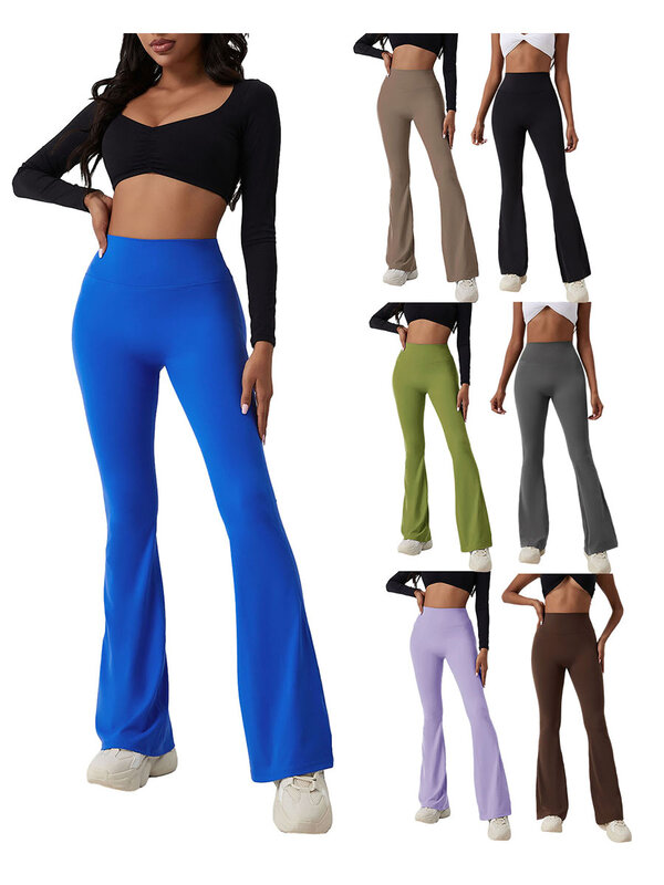 Women Yoga Sports Leggings, Solid Color High Waist Skinny Stretch Flare Trousers Workout Gym Quick-Dry Sweatpants