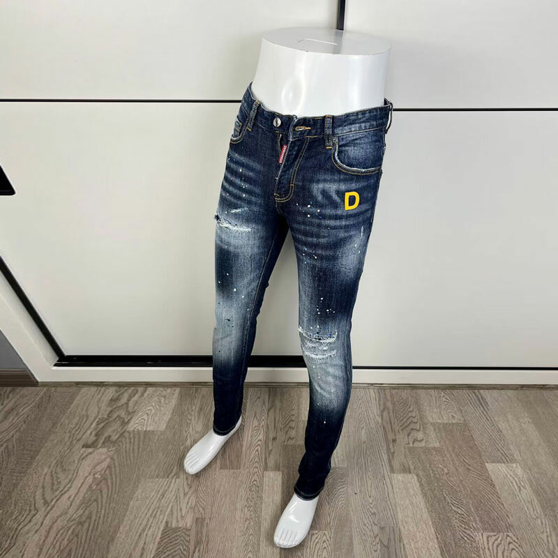 Уличные модные мужские джинсы, высококачественные синие Эластичные зауженные рваные джинсы с вышивкой в стиле ретро, мужские дизайнерские Брендовые брюки в стиле хип-хоп
