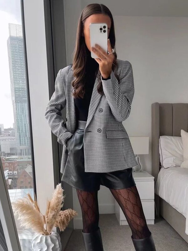 British Style Retro Plaid Blazer Suit  Women Simple Mid Length Double Breasted Casual Office Blazers Lady Work Commute Suit