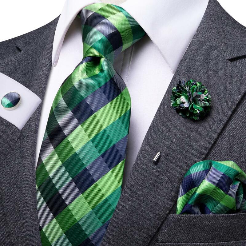 Grüne graue karierte Herren Krawatte Luxus 8,5 cm breite Seide Hochzeit Krawatte Tasche quadratische Manschetten knopf Set Brosche Geschenk für Männer Hi-Tie Designer