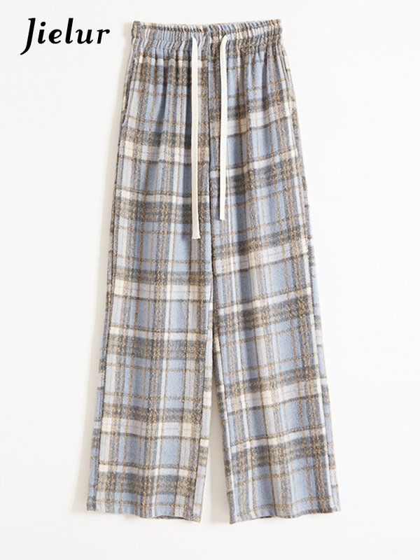 Jielur-Pantalones a cuadros Vintage para mujer, pantalón informal de cintura alta con cordón, rectos, ajustados, de pierna ancha, de invierno
