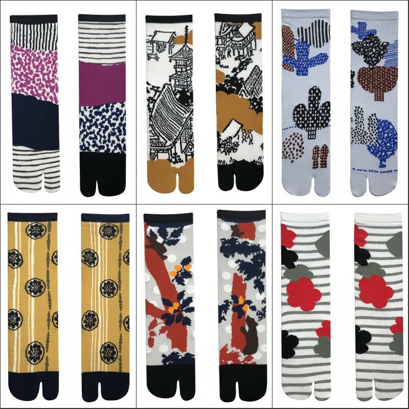 Chaussettes Jacquard colorées à deux doigts pour femmes, coton peigné, doux, respirant, fendu, Parker, drôle, chic, plantes, léopard, rayé, Tabi