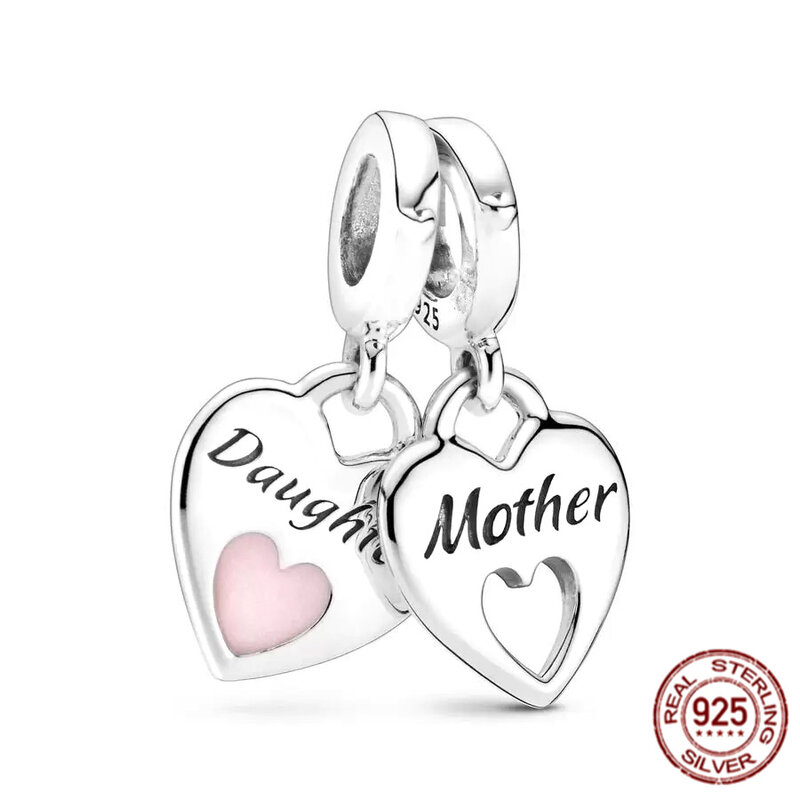 925 Sterling Silver Double Dangle Charme Bead para Mulheres, Cartas de Mãe, Coração, Fits Original Pulseira Pandora, Fashion Jewelry Gift