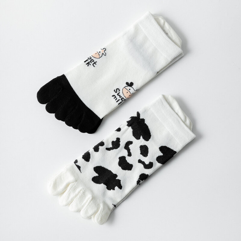 Calcetines de cinco dedos para mujer, medias de algodón con rayas blancas y negras, medias poco profundas con punta dividida, 5 pares