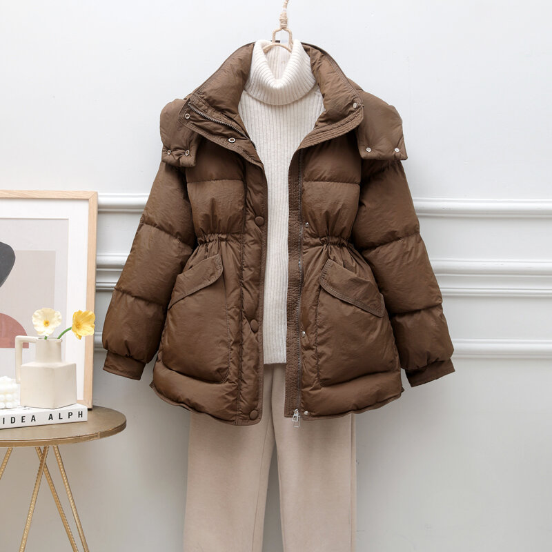 Casual Draw String Thick Down Jacket Women Mid-length New Hooded White Duck Down Coat Warm Winter Korean Version Tide Winter