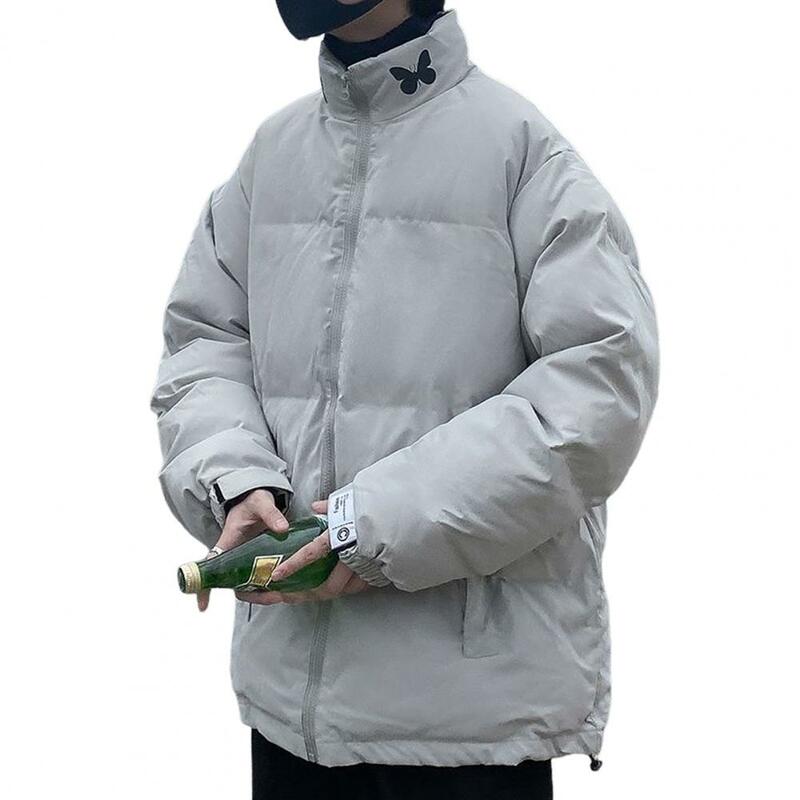 Зимняя мужская куртка с подкладкой и защитой шеи, ветрозащитное свободное пуховое пальто унисекс на молнии с длинными рукавами и карманами