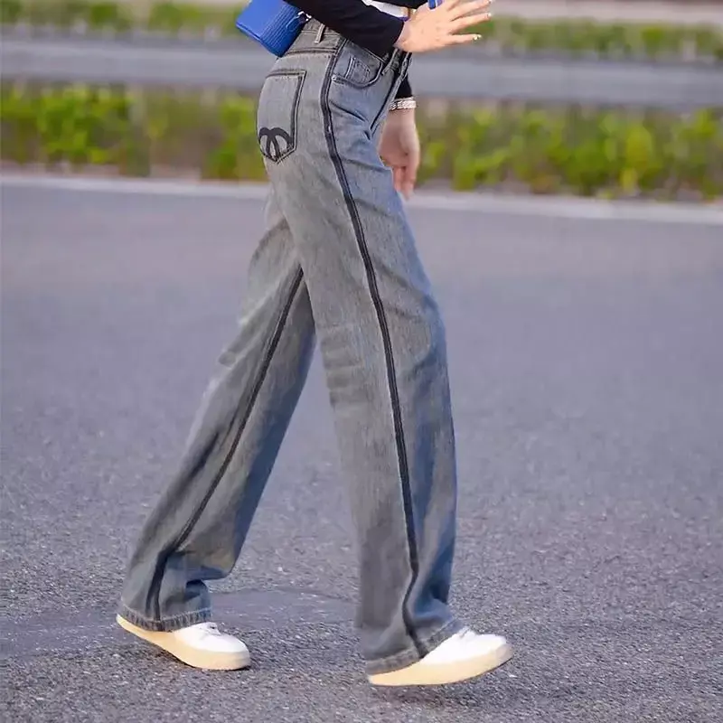 Damen jeans blau mit Taschen gerades Bein hohe Taille Schuss hose für Frau Streetwear Größe x große gestreckte Großhandels hose