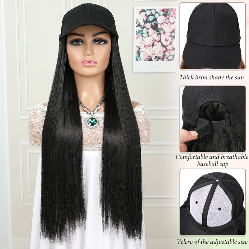Sombrero de fibra sintética para mujer y niña, gorra de béisbol larga y recta con extensiones de cabello, ajustable, de alta calidad, 24 pulgadas