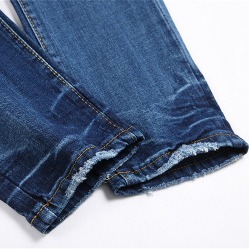 Jeans de rua azul casual masculino, moda emenda, bordado dourado, cintura média, elástico, pernas pequenas, novo