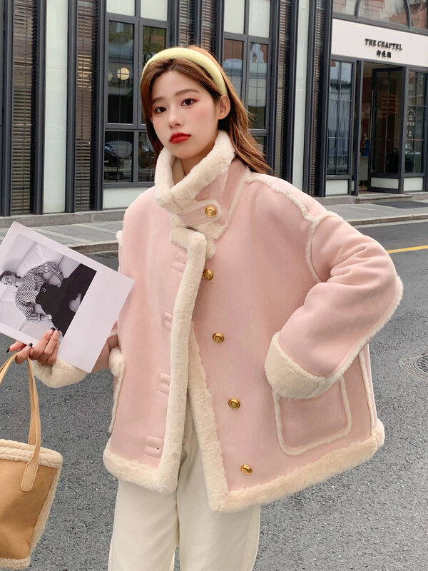2023 szerpa kaszmirowa kurtka damskie krótkie zimowe futro w jednolitym kolorze luźne szwy z długim rękawem małe koreańskie pogrubienie nowe