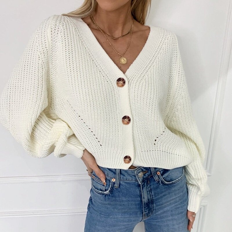 Women's V-neck Knitted Cardigan 2024 Solid Lantern Sleeve Sweater Button   Loose Crop Top Sweater Outerwears Autumn Winter