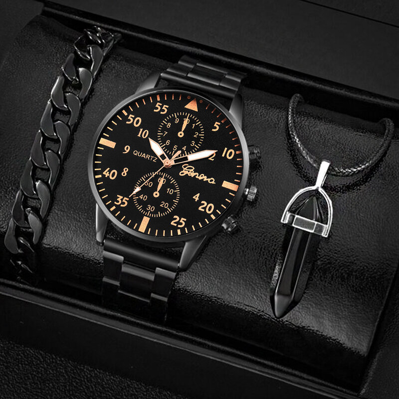 Jam tangan bisnis pria, arloji kasual gelang hitam liontin kalung Stainless Steel Quartz 3 buah