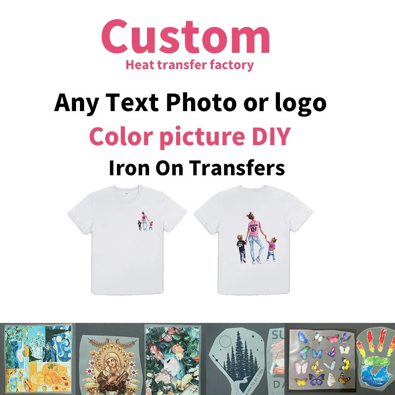 Custom Brand Logo or Picture Iron On Heat transfer Stickers For Clothing DIY Washable T-Shirts Thermal Patch DTF Colorful Vinyl
