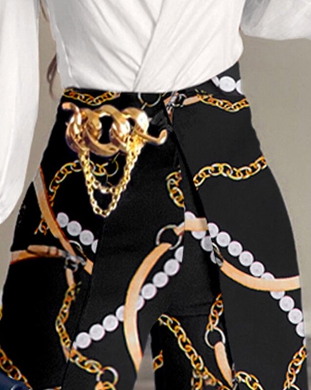 Pantalones largos con estampado de cadena para mujer, pantalón de cintura alta, dos piezas falsas, temperamento elegante, oficina, trabajo, primavera y otoño