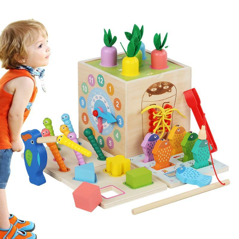 Cubo de actividades para niños pequeños, juguete educativo de apilamiento, 8 en 1, Cubo de juegos, suministros de madera para niños, seguro para niñas y niños