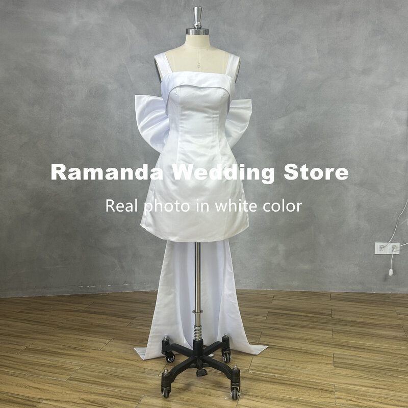 Ramanda Sexy Spaghetti Straps Square Collar Satin Short Wedding Dress Simple Backless Mini Above Knee Bridal Gown Robe De Mariee