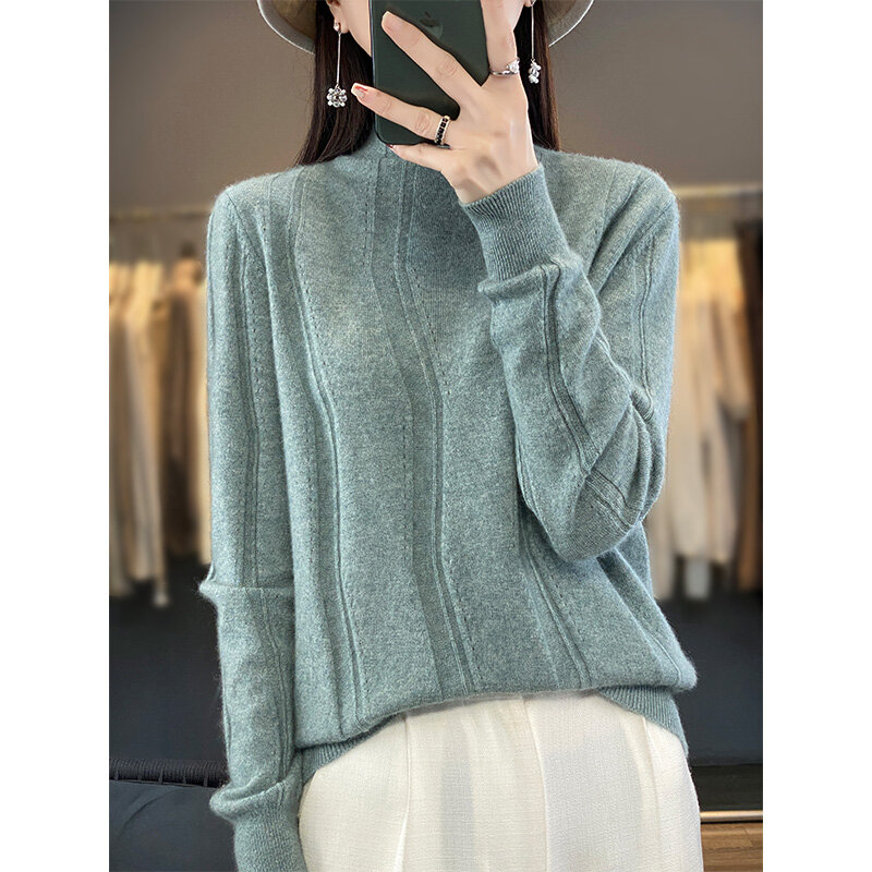 Jueqi 여성용 캐시미어 스웨터, 하프 하이넥 슬림핏 스웨터, 순수 양모 니트 언더레이 RT-955, 가을 및 겨울, 100% 신상