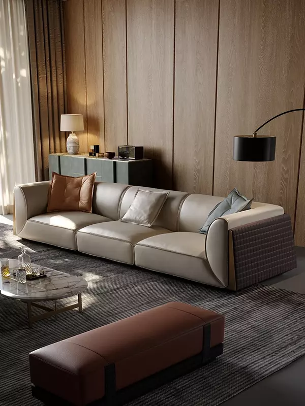 Couro minimalista reta Row Sofa, Light Luxury Villa, grande e pequeno tipo apartamento, designer italiano