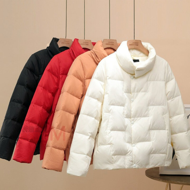 女性のための白いダックダウンフグジャケット、単色、スタンドカラー、チェック、超軽量、女性のコート、暖かく保つ、秋、冬、2023