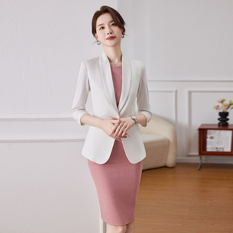 Setelan pakaian kerja kantor wanita, setelan Dress bisnis Formal elegan dengan atasan dan Dress Blazer profesional musim semi dan panas
