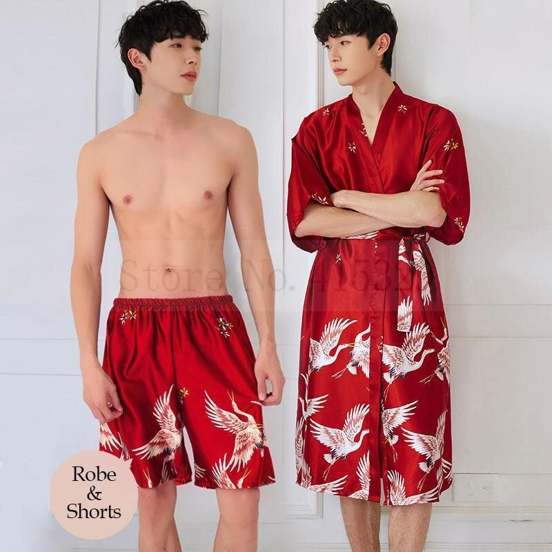 Jubah Kimono Satin Pria Set Pakaian Tidur Setengah Lengan Motif Derek Pakaian Tidur Rumah Gaun Rias Loungewear Gaun Malam Jubah Mandi
