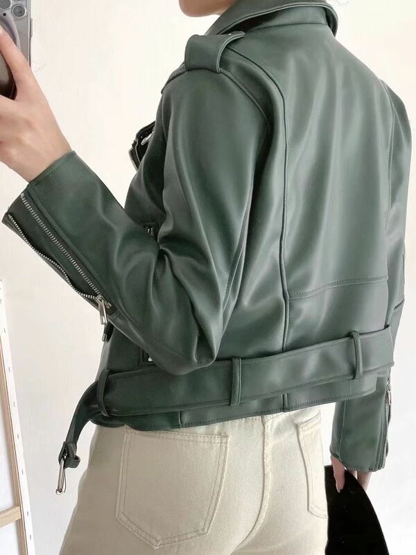 Новое поступление 2022, брендовые зимние и осенние мотоциклетные кожаные куртки, Зеленая кожаная куртка, женское кожаное пальто, облегающая куртка из искусственной кожи
