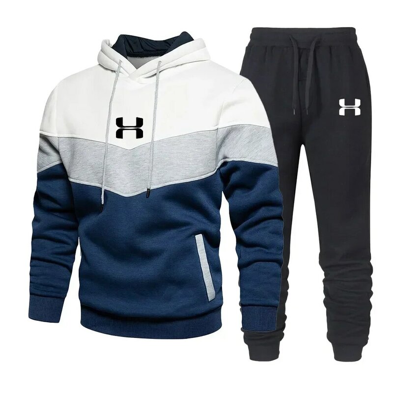 Setelan pakaian olahraga pria, hoodie kasual musim dingin + celana panjang 2 potong dan cetak, pakaian joging olahraga luar ruangan