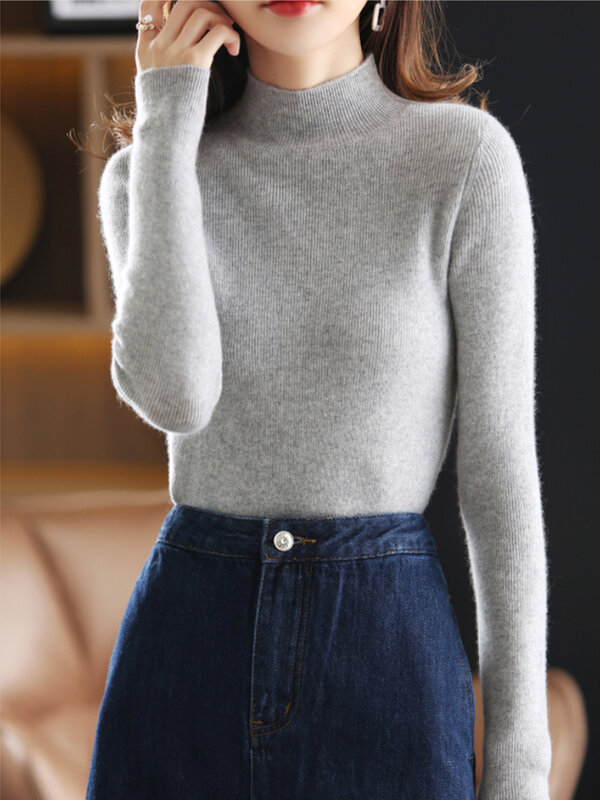 Sweter Wanita Setengah Turtleneck Sweter Rajutan Lengan Panjang Atasan Wanita Musim Gugur Musim Dingin Sweter Pakaian Wanita Baru untuk Jumper Wanita