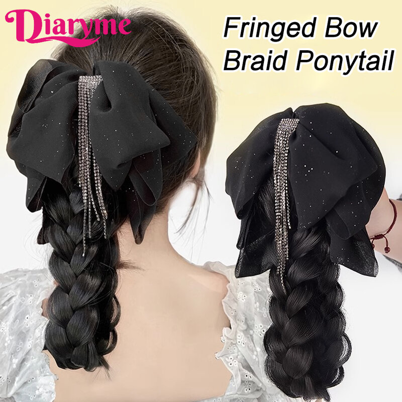 Cakar klip dikepang ponytail Wig wanita rumbai busur rendah ekor kuda alami dikepang rambut sintetis kepang palsu rambut ekstensi