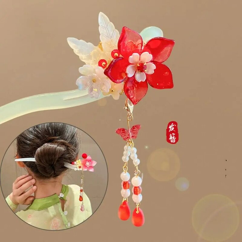 زهرة شرابة الشعر عصا للفتيات ، أغطية الرأس النمط القديم ، دبوس الشعر الأحمر ، رائعة ، Hanfu الصينية