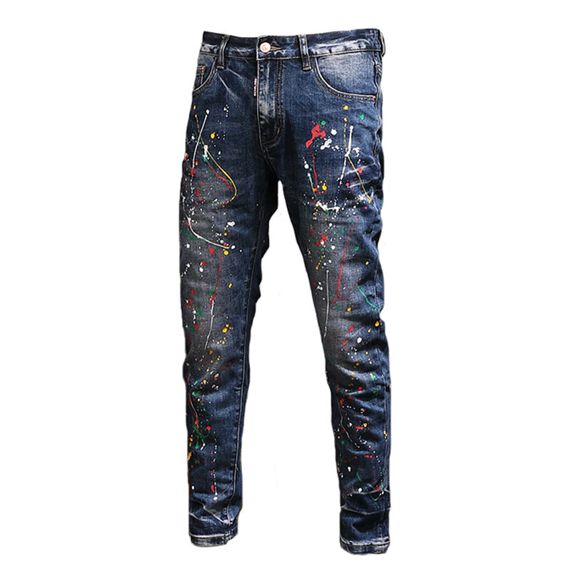 Streetwear modne dżinsy męskie niebieskie w stylu Retro rozciągliwe dopasowanie pasuje do porwane jeansy męskie elastyczne spodnie malowane projektant spodnie w stylu Hip Hop Hombre