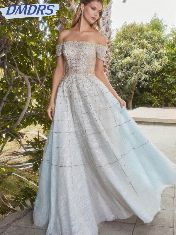 Luxe Kralen Prom Dress 2024 Klassieke A-Line Avondjurken Eenvoudige Off-The-Shoulder Jurk Tot Op De Grond Vestidos De Novia
