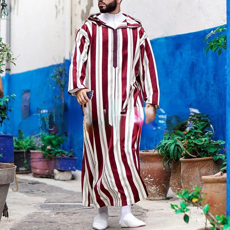 Muslim Fashion Loose Fitting Thin Striped Red Robe Lapel Summer Youth Muslim Shirt 2023 New Stock Casual Robe Clothing