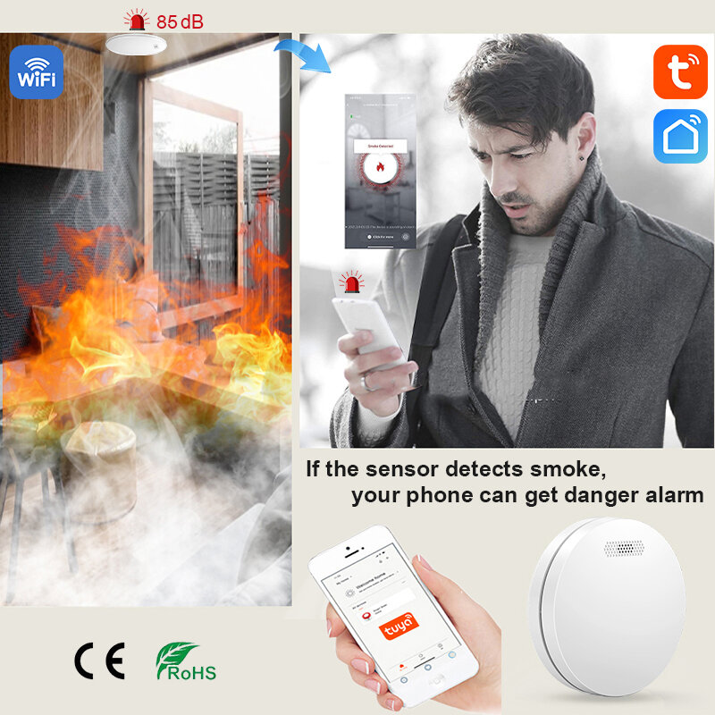 Tuya & Smart Life Home Safety Smoke Detector, Super Fino, Versão WiFi, Dispositivo de Alerta de Incêndio, Sensor Som Padrão, Alarme Instrumento