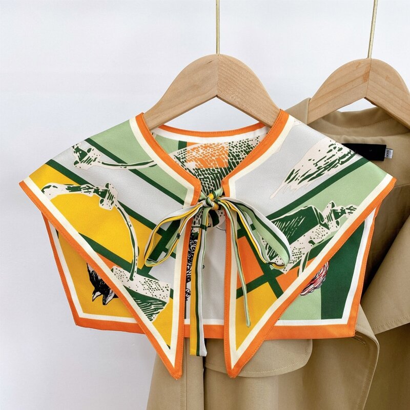 Damski elegancki jedwabisty szalik odpinany kołnierz Vintage lew kolorowy nadruk paski szal Wrap sznurowana koszula i